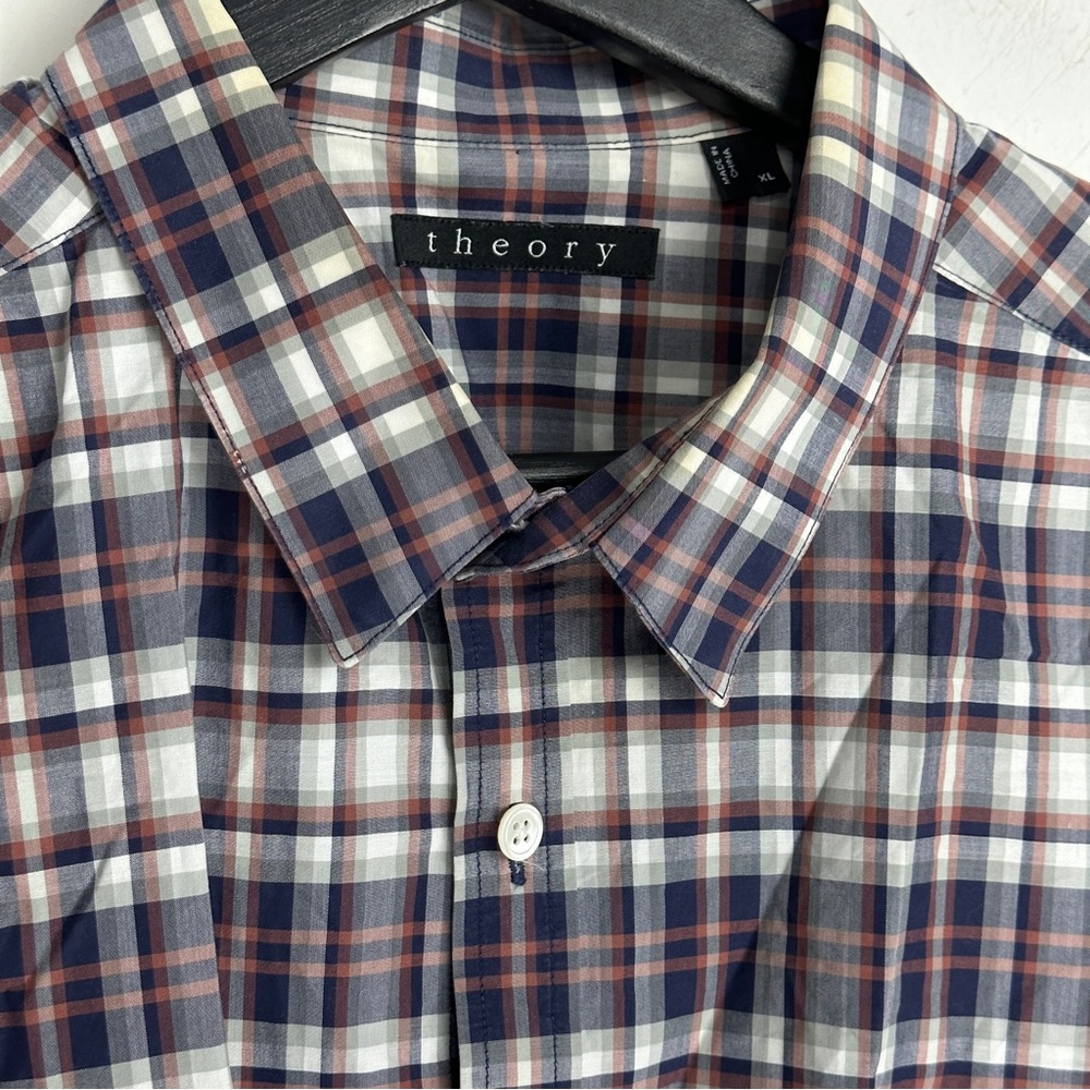 Theory Zack PS A Plaid Blue Button Front Short Sleeve Shirt XL Mens - Picture 10 of 11